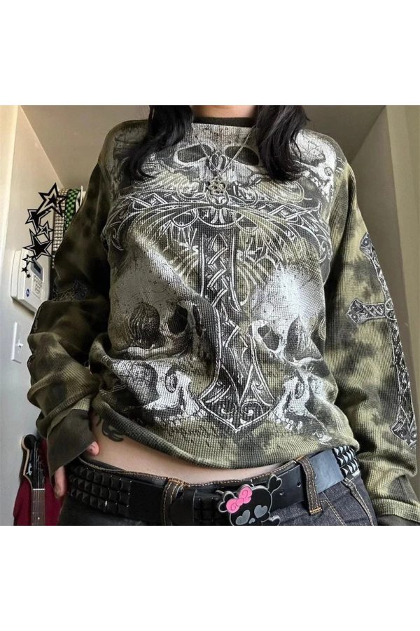 Gothic Cross & Skull Print Long Sleeve Tee - Y2K Grunge Aesthetic Top