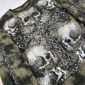 Gothic Cross & Skull Print Long Sleeve Tee - Y2K Grunge Aesthetic Top