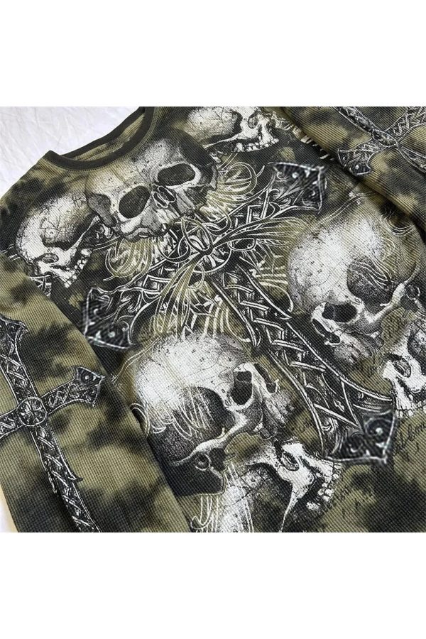 Gothic Cross & Skull Print Long Sleeve Tee - Y2K Grunge Aesthetic Top