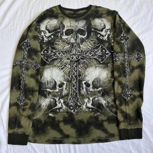 Gothic Cross & Skull Print Long Sleeve Tee - Y2K Grunge Aesthetic Top