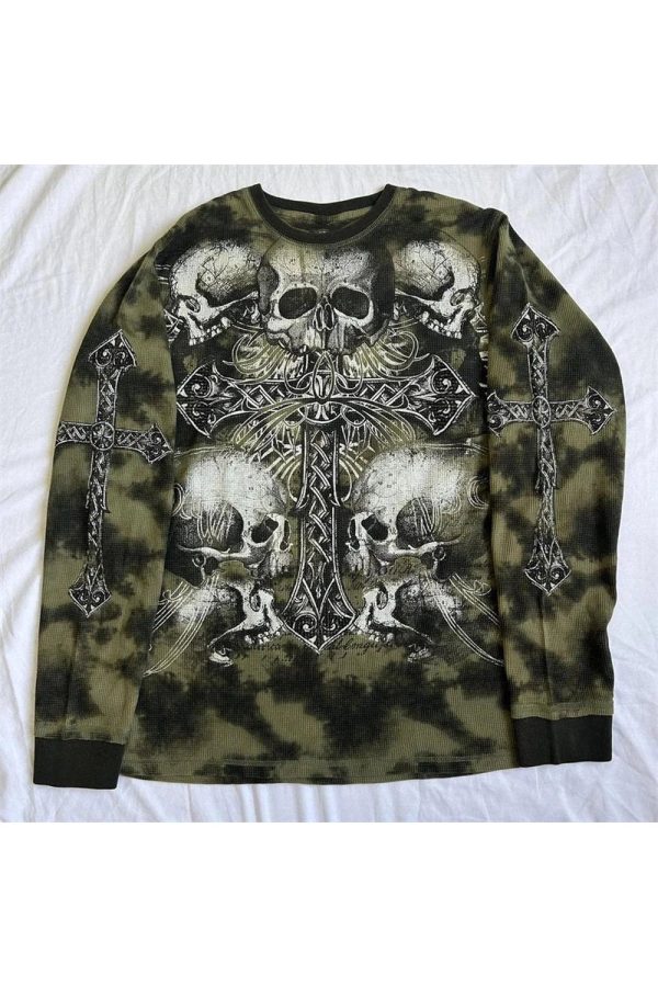 Gothic Cross & Skull Print Long Sleeve Tee - Y2K Grunge Aesthetic Top