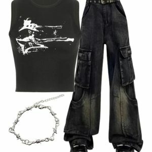 Gothic Y2K Cargo Flare Jeans & Distressed Graphic Top with Twisted Bracelet