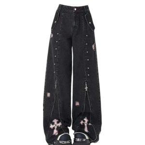 Gothic Y2K Cross Flare Jeans for a Grunge Aesthetic Look