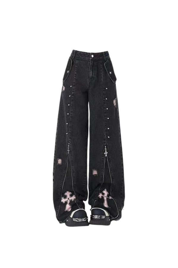 Gothic Y2K Cross Flare Jeans for a Grunge Aesthetic Look