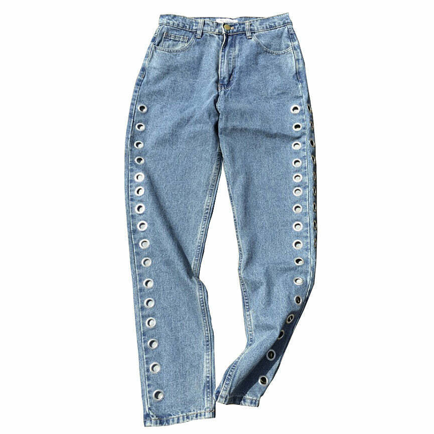 Grommet-Detail Baggy Jeans for Y2K Fashion & Grunge Aesthetic Outfits