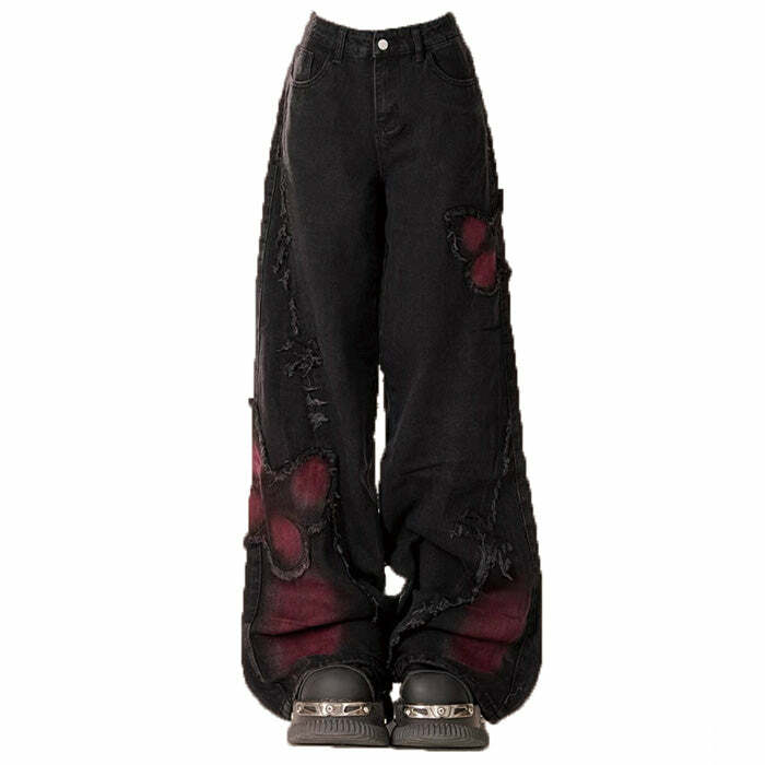 Grunge Aesthetic Black & Red Butterfly Wide Leg Jeans for Y2K Style