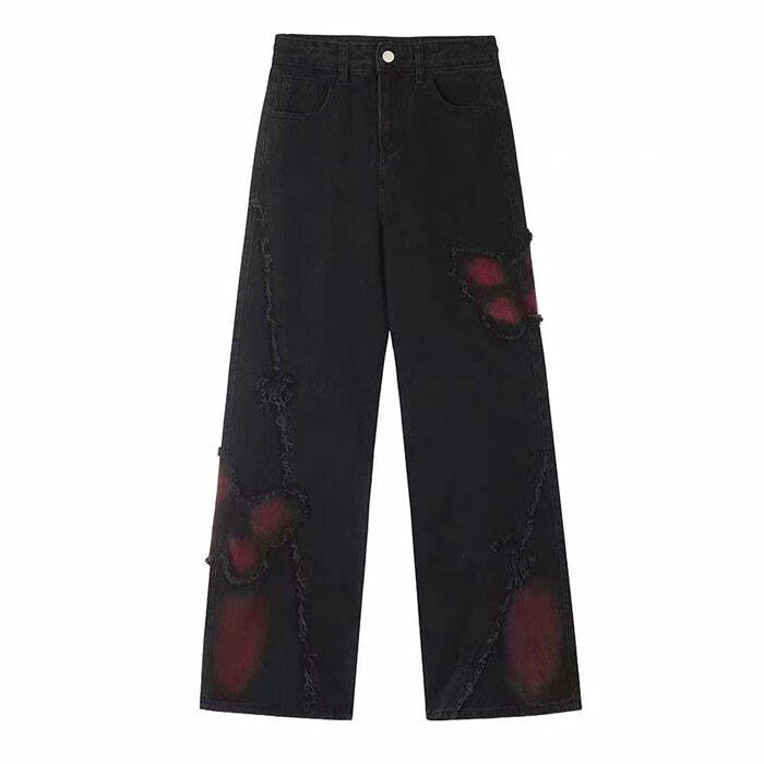 Grunge Aesthetic Black & Red Butterfly Wide Leg Jeans for Y2K Style