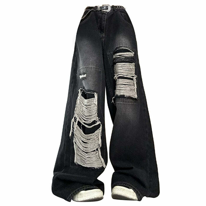 Grunge Aesthetic Ripped Wide Leg Jeans for Y2K Fashion Lovers