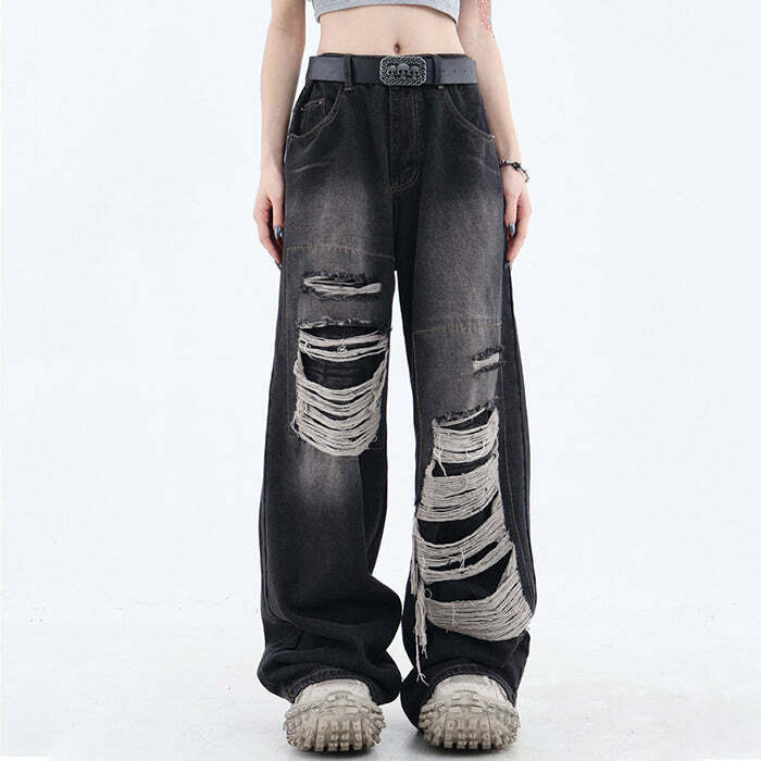 Grunge Aesthetic Ripped Wide Leg Jeans for Y2K Fashion Lovers