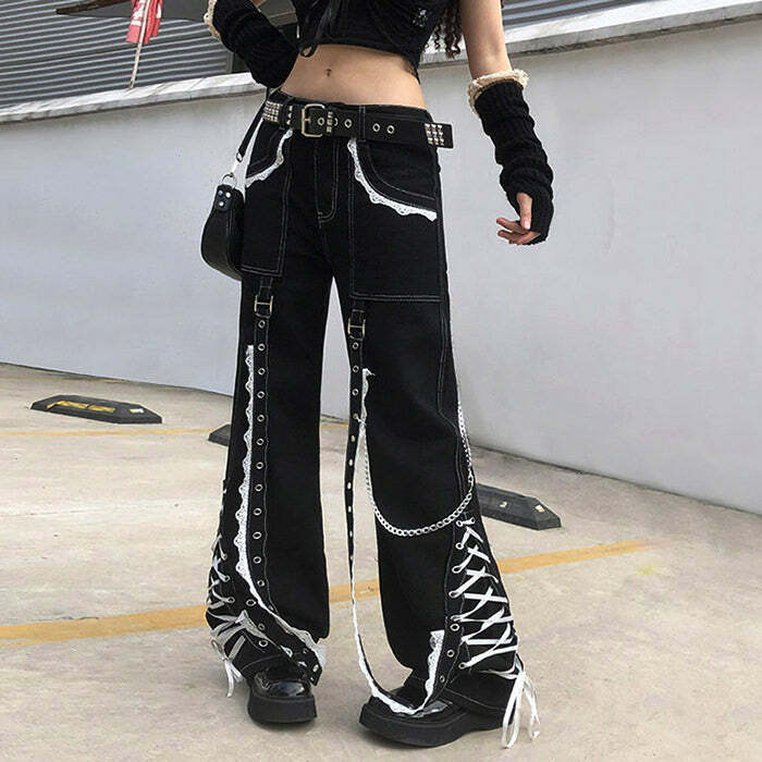 Grunge Lace-Up Baggy Jeans: Y2K Fashion Essential for Effortless Style