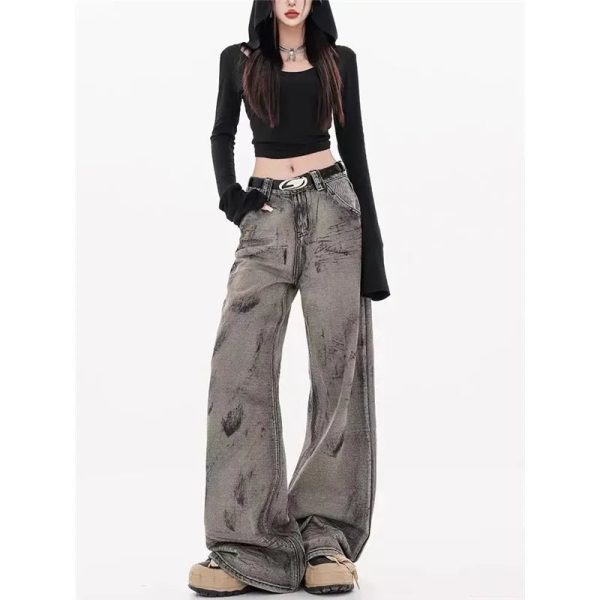 Grunge Splatter Wide-Leg Jeans: Y2K Fashion Meets 90s Aesthetic Style