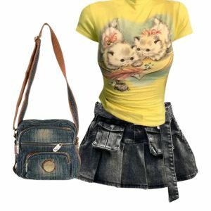 Grunge Utility Pocket Denim Skirt & Vintage Kitten Graphic Top Set