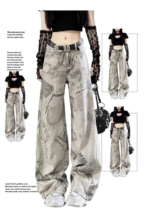 Grunge Washed Graffiti Wide-Leg Jeans: Y2K Fashion Must-Have