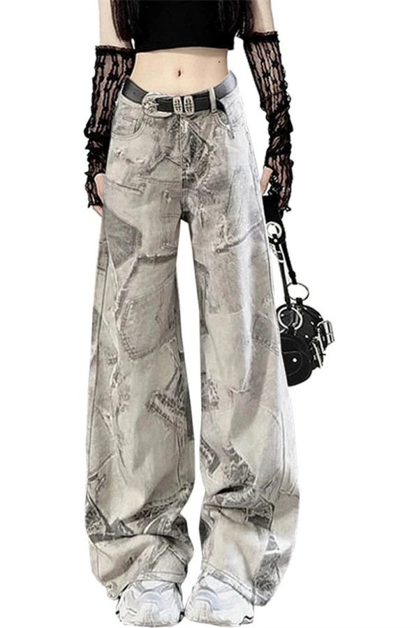 Grunge Washed Graffiti Wide-Leg Jeans: Y2K Fashion Must-Have