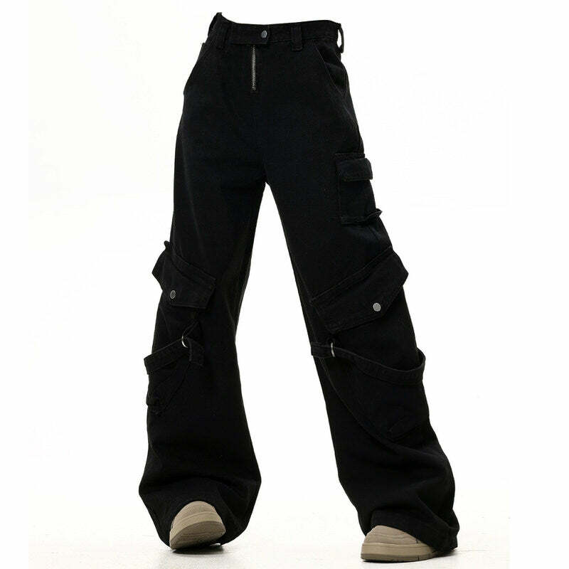 Hashtag Drama Black Cargo Pants: Y2K Grunge Style for Effortless Chic