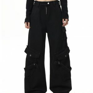 Hashtag Drama Black Cargo Pants: Y2K Grunge Style for Effortless Chic