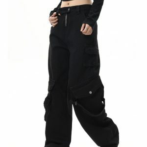 Hashtag Drama Black Cargo Pants: Y2K Grunge Style for Effortless Chic