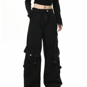 Hashtag Drama Black Cargo Pants: Y2K Grunge Style for Effortless Chic