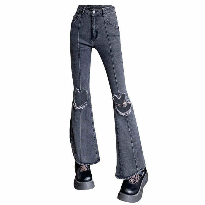 Heart Cut Out Grunge Flare Jeans - Y2K Fashion Must-Have for Summer