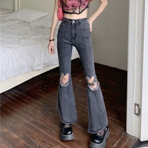 Heart Cut Out Grunge Flare Jeans - Y2K Fashion Must-Have for Summer