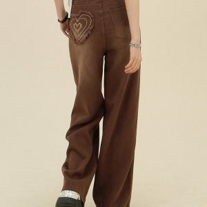 Heart Pocket Brown Cargo Pants: Y2K Fashion Meets 90s Aesthetic Style