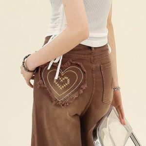 Heart Pocket Brown Cargo Pants: Y2K Fashion Meets 90s Aesthetic Style