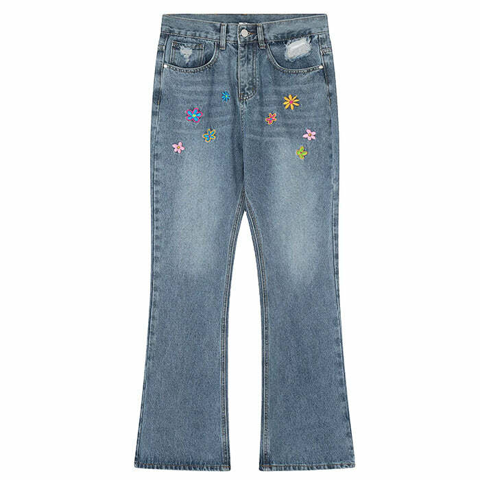 Indie Aesthetic Flower Embroidery Baggy Jeans for Y2K Fashion Lovers