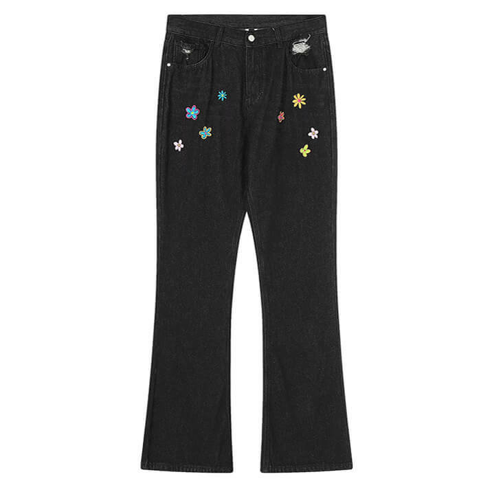 Indie Aesthetic Flower Embroidery Baggy Jeans for Y2K Fashion Lovers