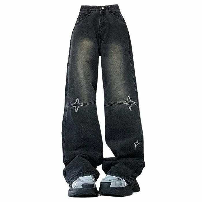 Knee Star Black Baggy Jeans - Y2K Fashion Essential for Effortless Style