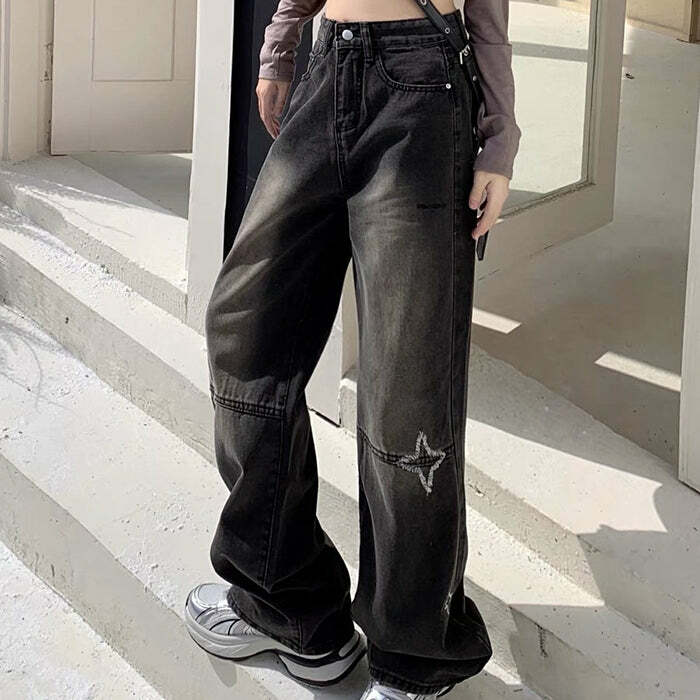 Knee Star Black Baggy Jeans - Y2K Fashion Essential for Effortless Style