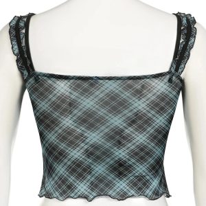 Lace-Trim Plaid Mesh Top: Y2K Aesthetic for Effortless Summer Style