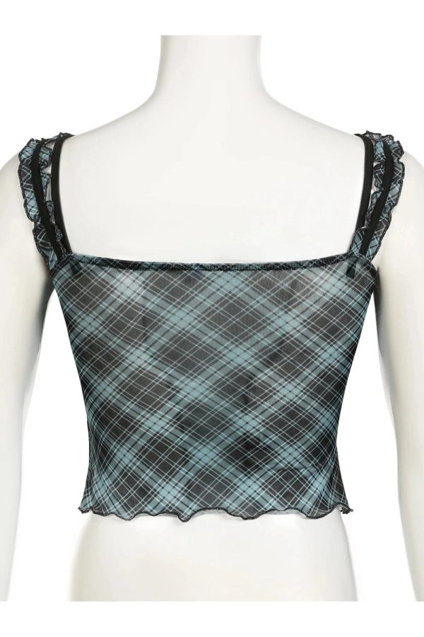 Lace-Trim Plaid Mesh Top: Y2K Aesthetic for Effortless Summer Style