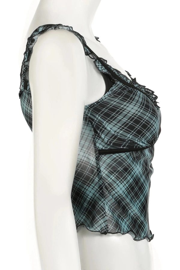 Lace-Trim Plaid Mesh Top: Y2K Aesthetic for Effortless Summer Style