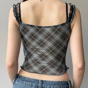 Lace-Trim Plaid Mesh Top: Y2K Aesthetic for Effortless Summer Style