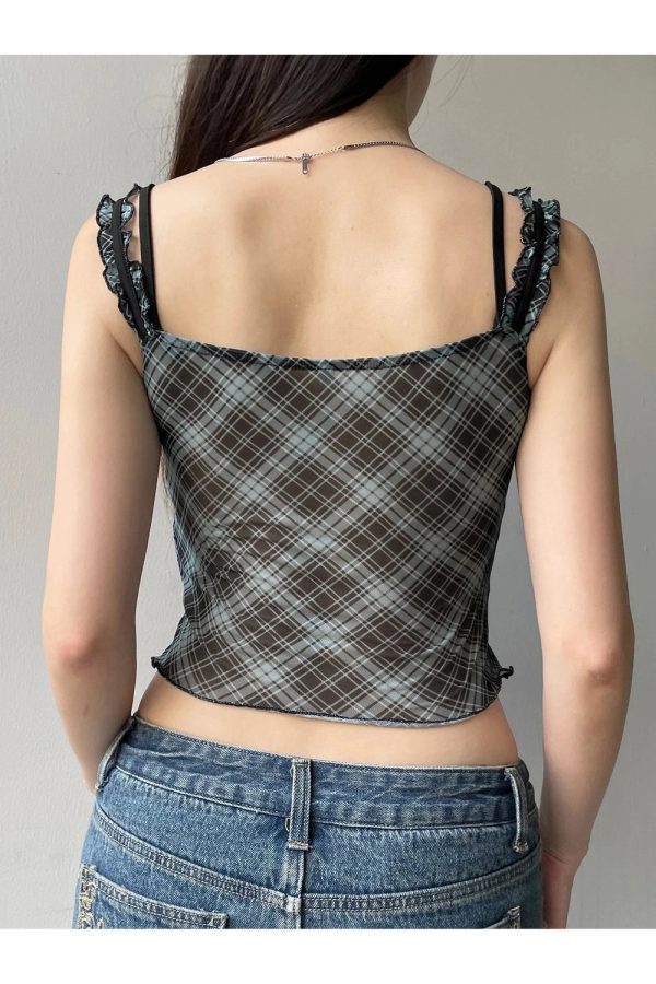 Lace-Trim Plaid Mesh Top: Y2K Aesthetic for Effortless Summer Style