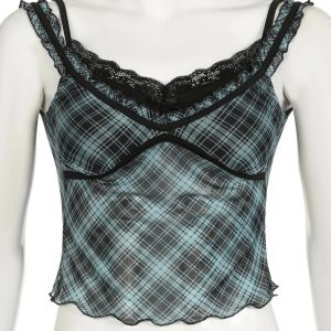 Lace-Trim Plaid Mesh Top: Y2K Aesthetic for Effortless Summer Style