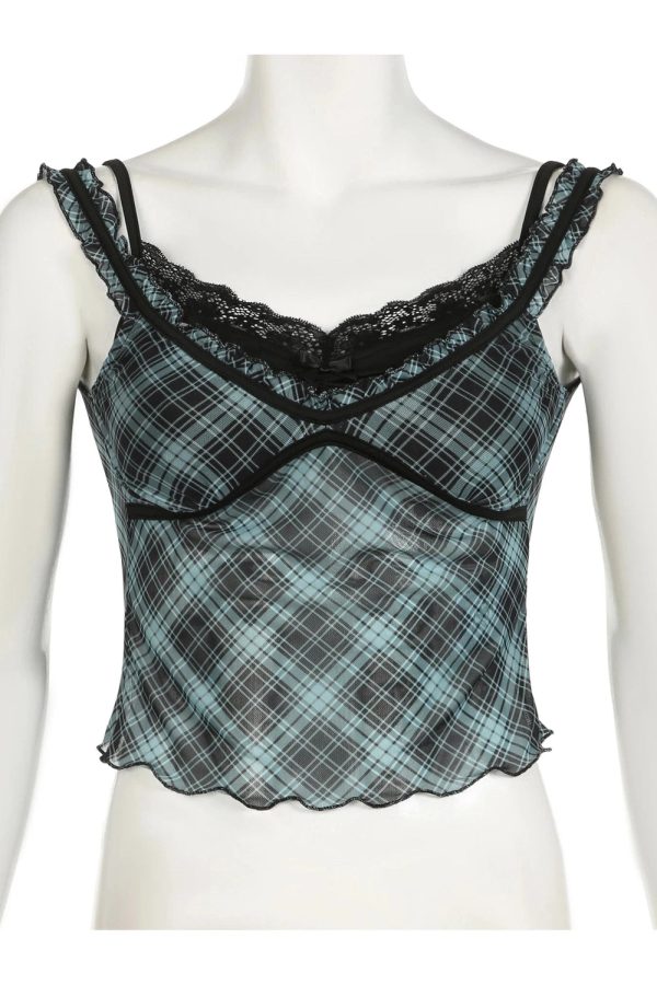 Lace-Trim Plaid Mesh Top: Y2K Aesthetic for Effortless Summer Style