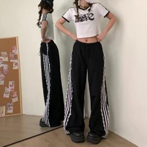 Lace-Trim Striped Wide-Leg Pants for Y2K Fashion & Summer Outfits