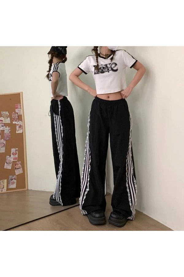 Lace-Trim Striped Wide-Leg Pants for Y2K Fashion & Summer Outfits