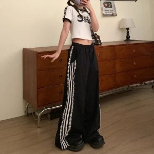 Lace-Trim Striped Wide-Leg Pants for Y2K Fashion & Summer Outfits