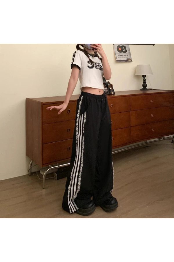 Lace-Trim Striped Wide-Leg Pants for Y2K Fashion & Summer Outfits