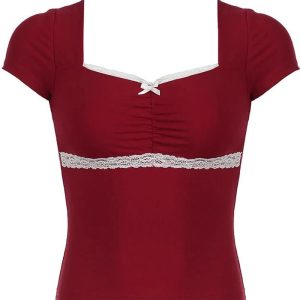 Lace-Trim Sweetheart Ruched Top: Y2K Fashion Essential for Summer Outfits