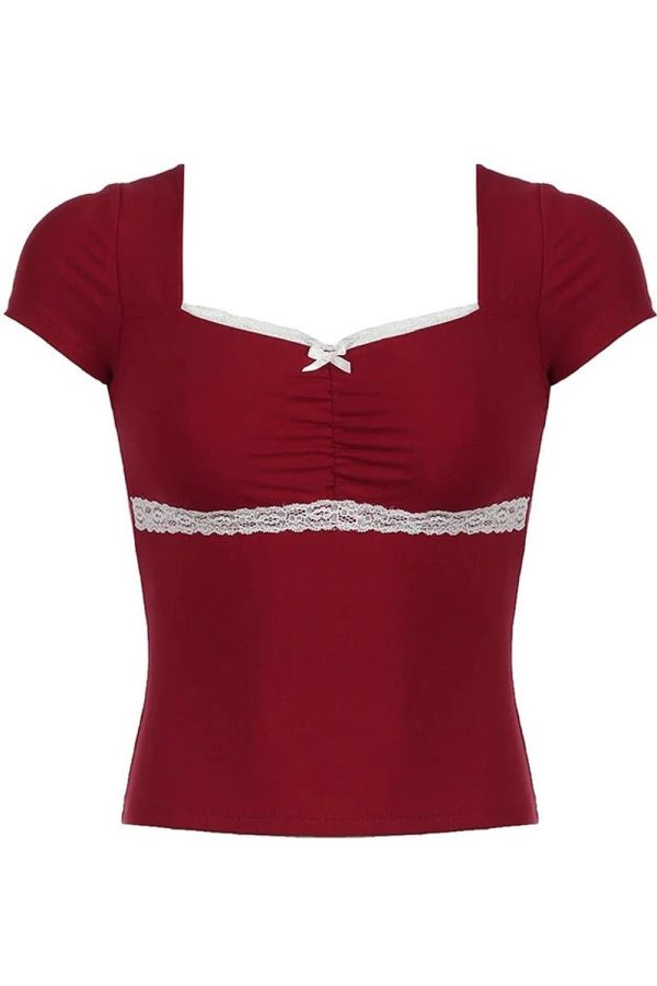 Lace-Trim Sweetheart Ruched Top: Y2K Fashion Essential for Summer Outfits