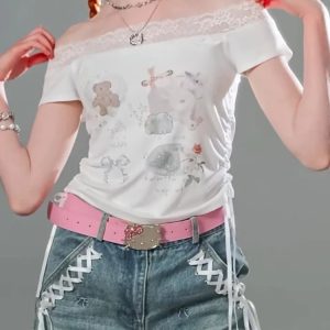 Lace-Trimmed Off-Shoulder Graphic Top for Y2K Summer Outfits