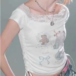 Lace-Trimmed Off-Shoulder Graphic Top for Y2K Summer Outfits