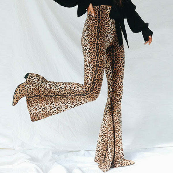 Leopard Print Flared Trousers for Y2K Fashion & Grunge Aesthetic