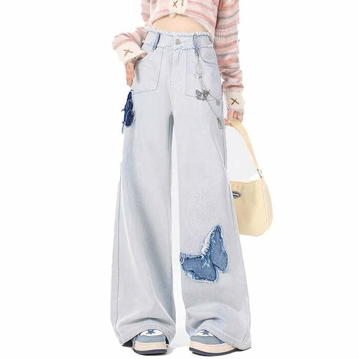 Light Blue Y2K Aesthetic Butterfly Jeans for Trendy Summer Outfits