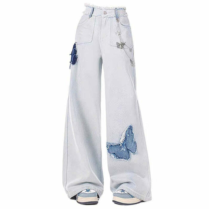 Light Blue Y2K Aesthetic Butterfly Jeans for Trendy Summer Outfits