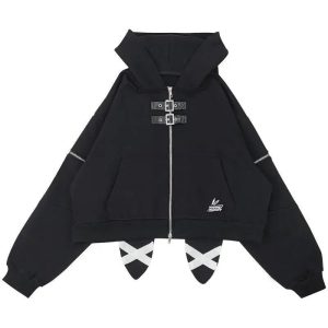 Midnight Rebel Y2K Buckle Hoodie: Grunge Aesthetic Streetwear Style