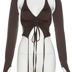 Mocha Ruched Tie-Up Top - Y2K Fashion Essential for Summer Outfits